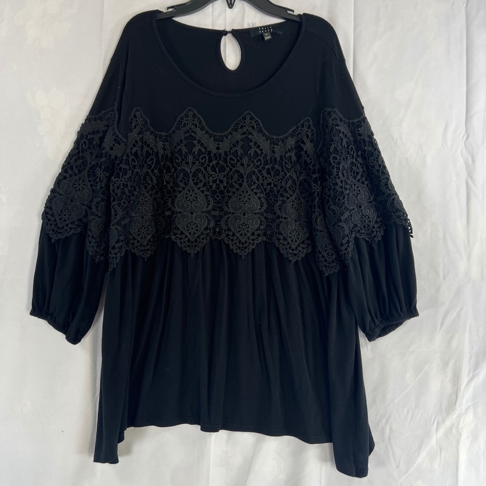 Kelly Renee Black Crochet Lace Knit Tunic Top 3/4 Balloon Sleeve Keyhole L Large